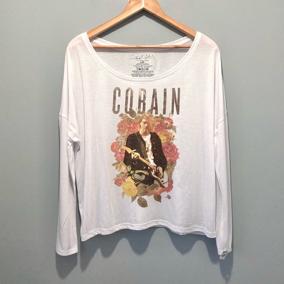 Kurt Cobain White Drop-Shoulder Long Sleeve Graphic Tee - Picture 2 of 6